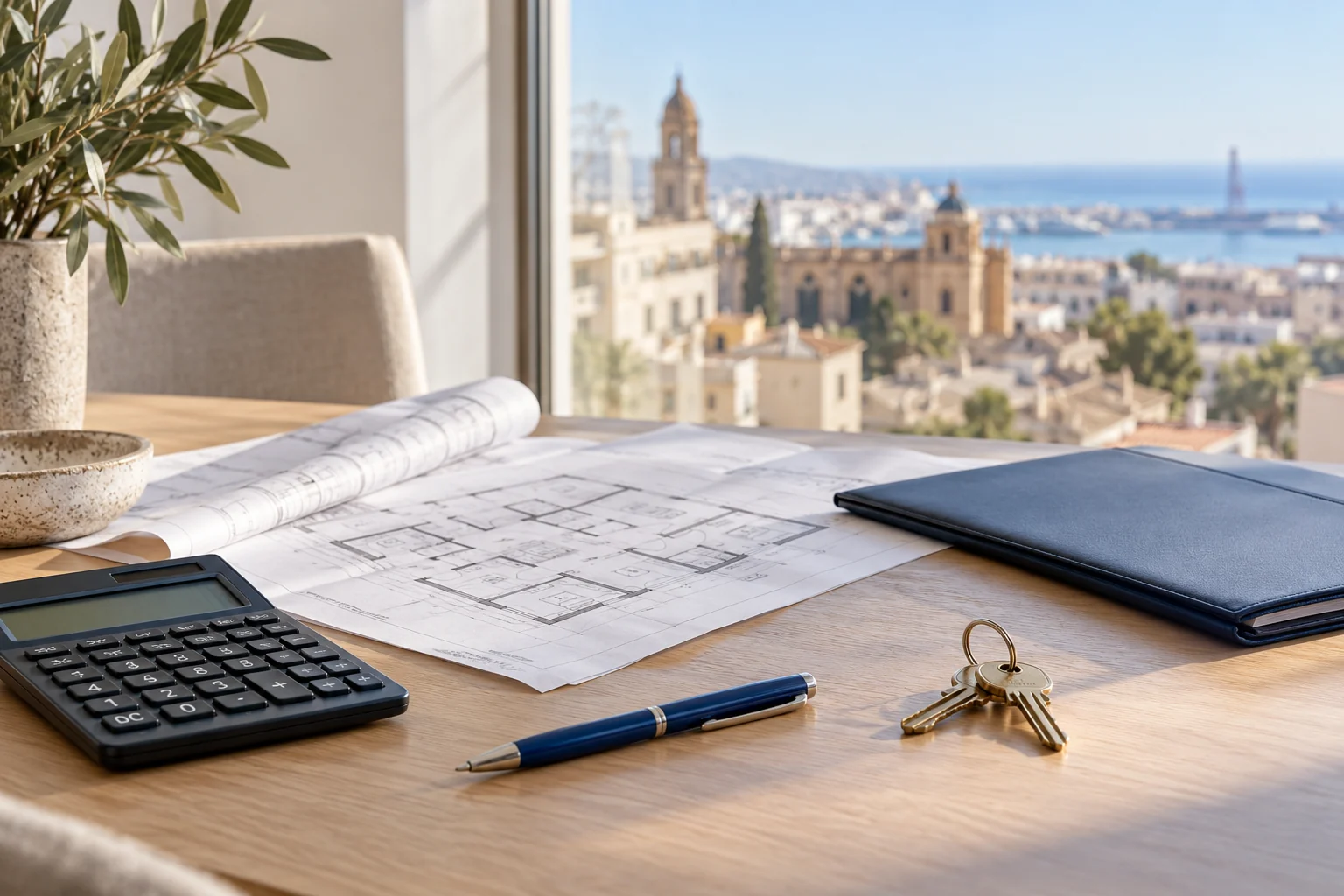 Calculadora, planos y llaves para analizar una inversión inmobiliaria